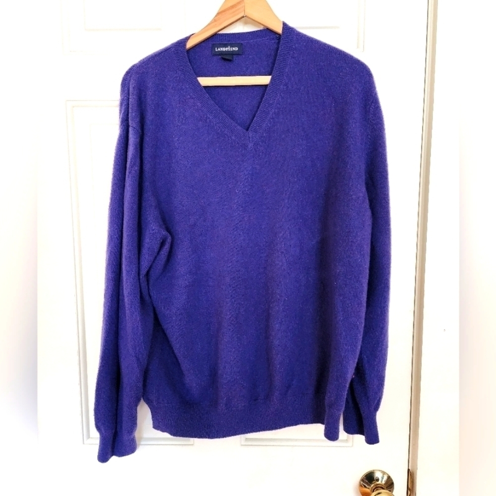 Lands' End Purple Cashmere Men's V Neck Sweater Size Large Classic Preppy